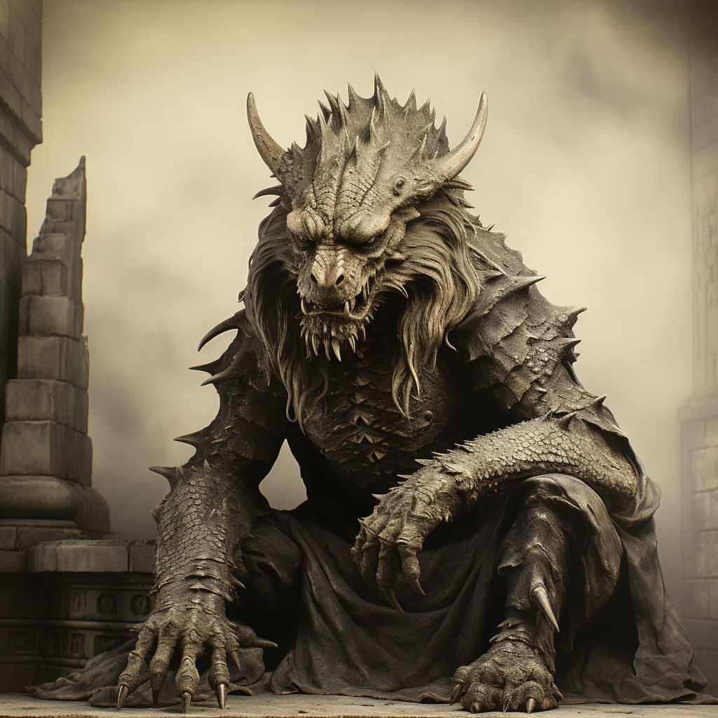 Prompt: a statue of a creature in black and white, in the style of graflex speed graphic, 19th century american art, dragon art, unearthly, exaggerated facial features, surprisingly absurd, sepia tone