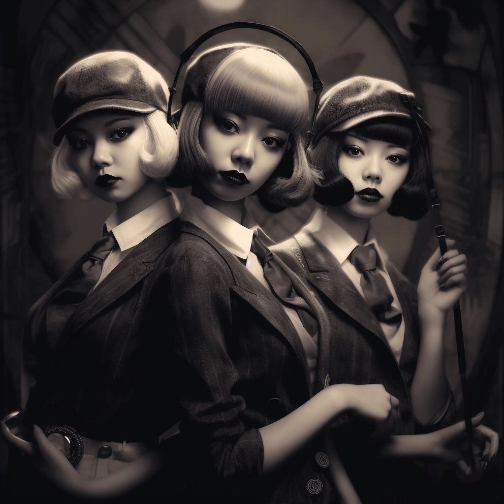 Prompt: gray photo of electro swing girls with a slightly anime appearance