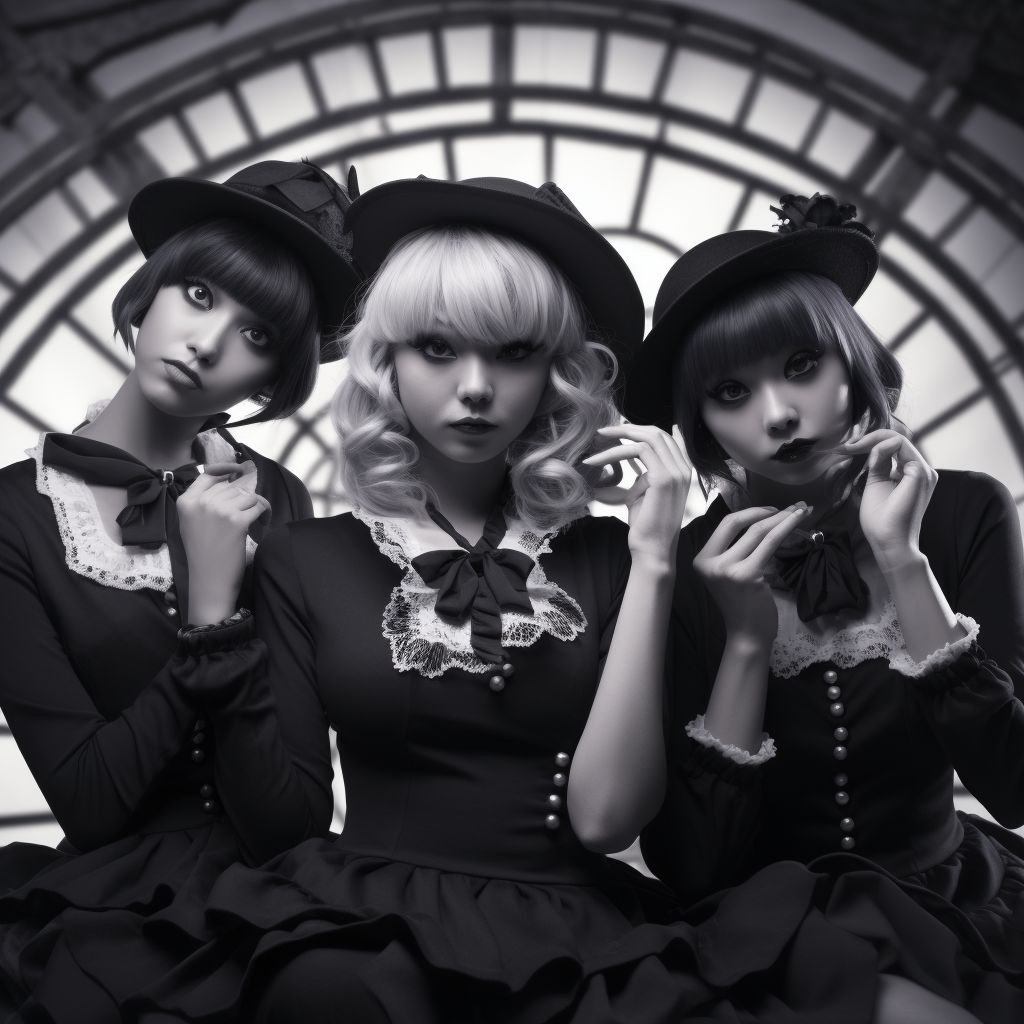 Prompt: gray photo of electro swing girls with a slightly anime appearance