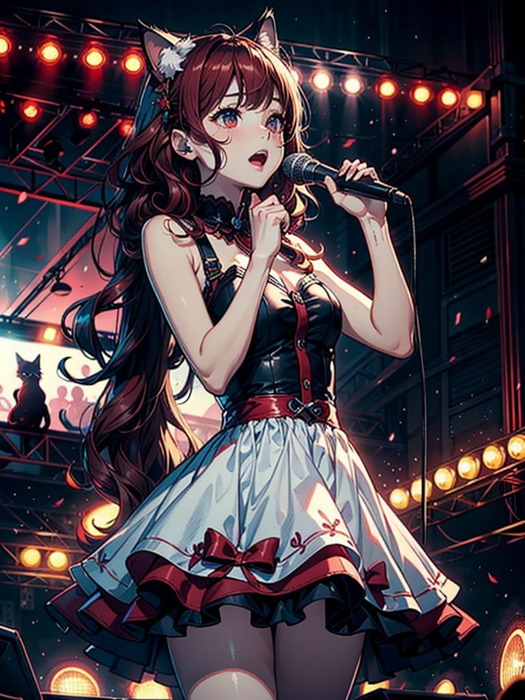 Prompt: masterpiece, best quality, high quality, mid shot, centered, cat 1girl, holding mic, wearing idol dress, singing, (red long wavy hair), alluring cat pose, concert background, epic composition, epic proportion, ultra detailed, HD, 64K,