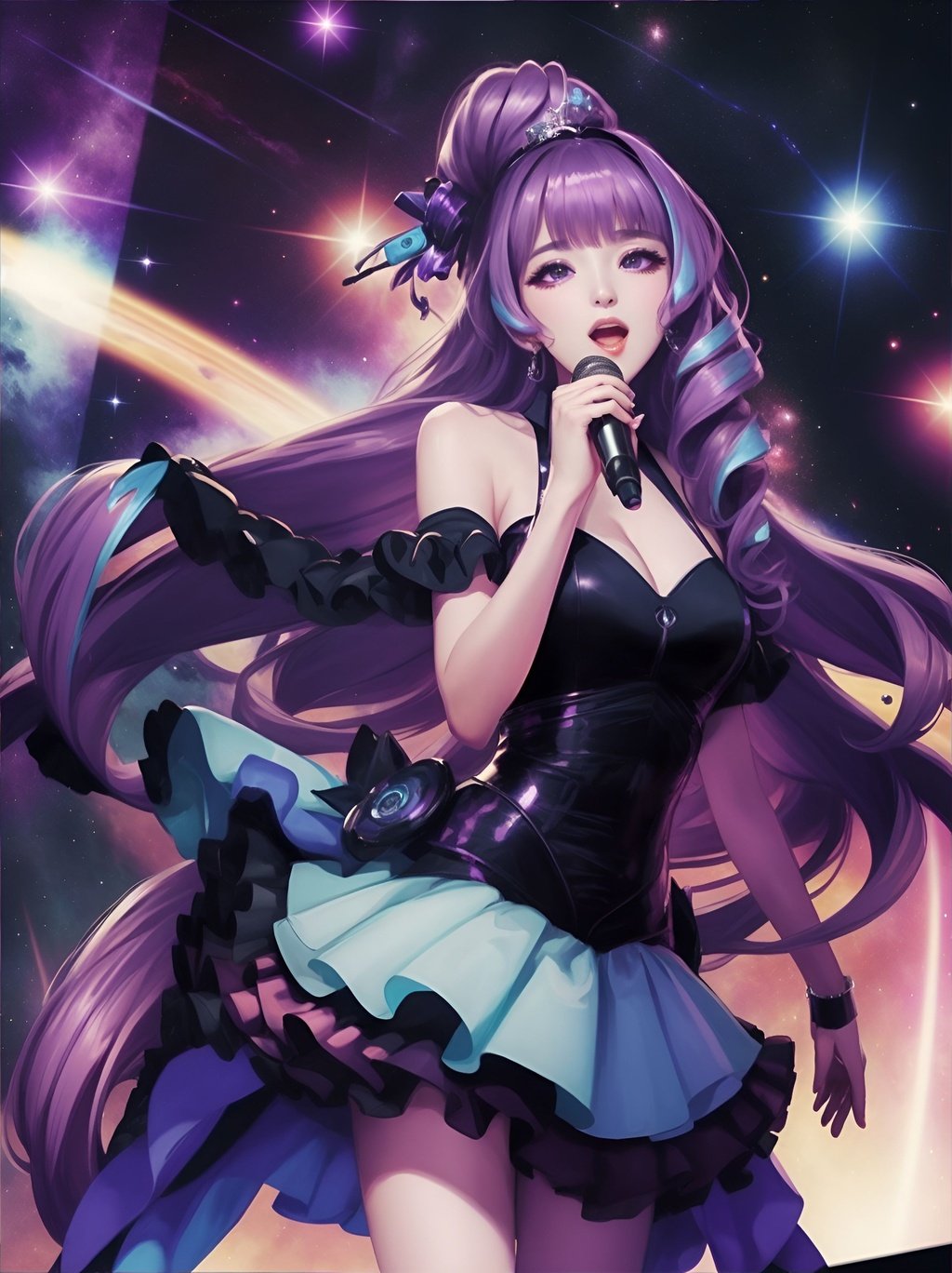 Prompt: masterpiece, best quality, high quality, mid shot, centered, 1girl, holding mic, wearing idol dress, singing, (purple long wavy hair), alluring pose, space concert background, epic composition, epic proportion, ultra detailed, HD, 64K,