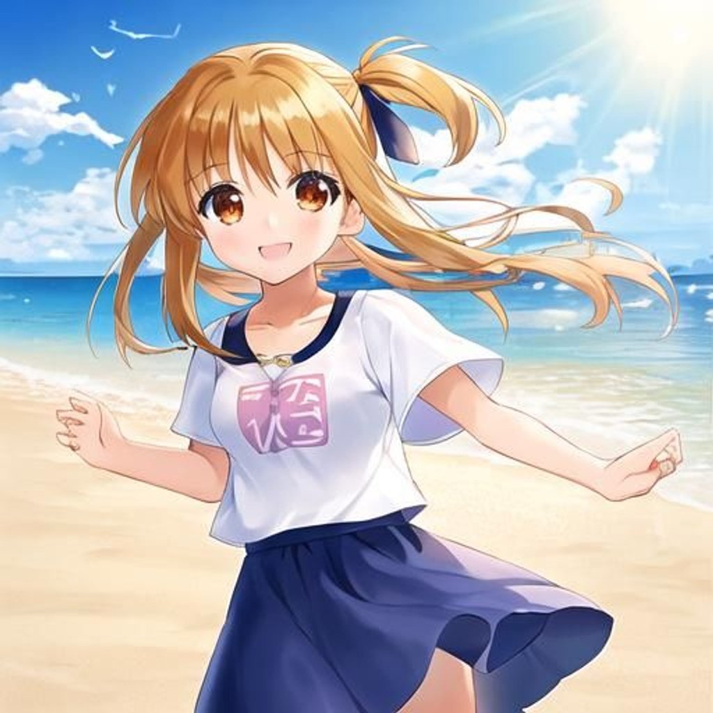 Prompt: A girl running on the sandy beach turns around and looks at you with a smile. She is about 9 years old, medium-long light brown hair. She wears a T-shirt and a long skirt. The world view of the anime "Magical Girl Lyrical Nanoha" will expand.