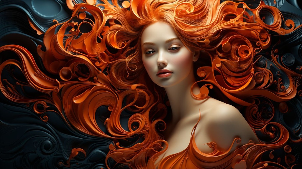 Prompt: an orange lady in a black background, in the style of romantic fantasy, swirling vortexes, 3840x2160, dark azure, airbrush art, dark gray and light crimson