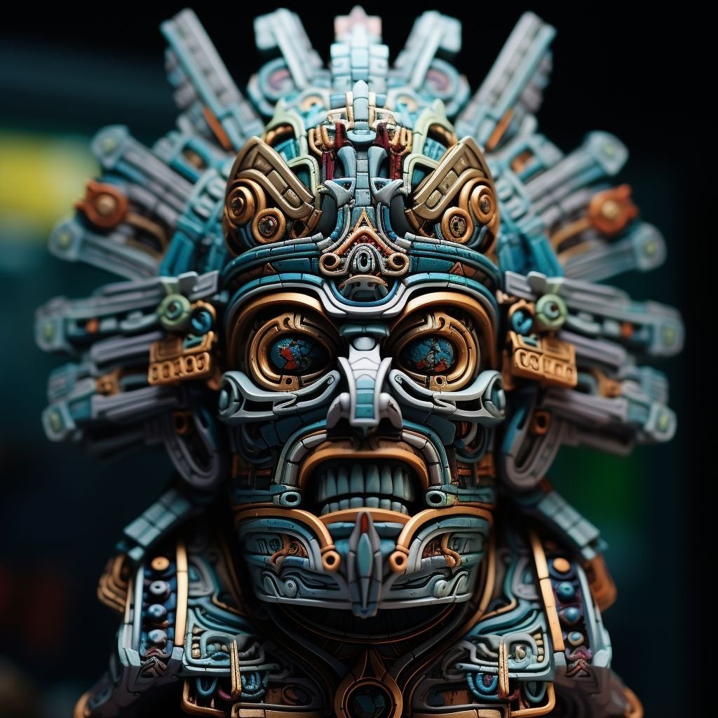 Prompt: a clay model of a king mayan, in the style of dan mumford, xbox 360 graphics, realistic rendering, zhichao cai, stop-motion animation, grid-based, moche art