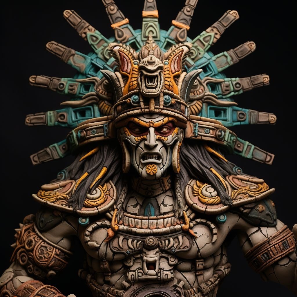 Prompt: a clay model of a king mayan, in the style of dan mumford, xbox 360 graphics, realistic rendering, zhichao cai, stop-motion animation, grid-based, moche art