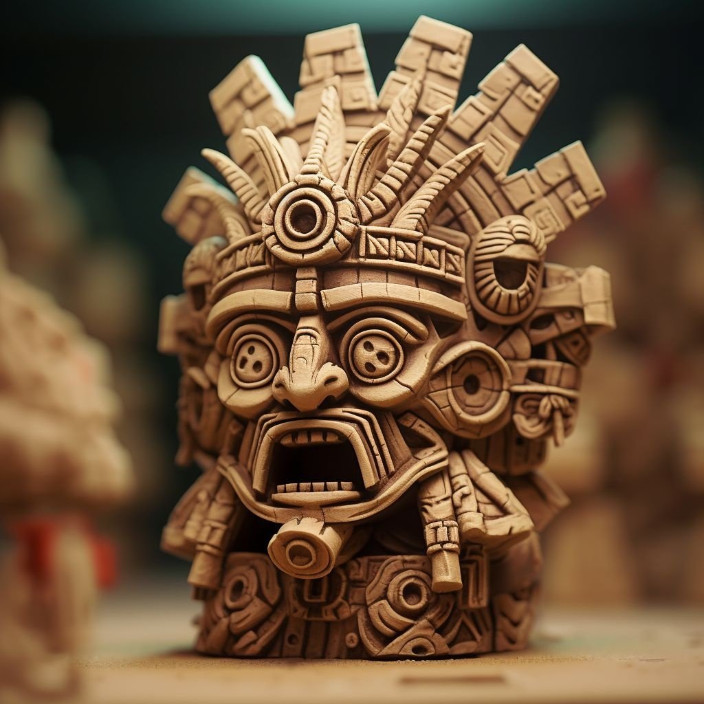 Prompt: art sculpture aztecs miniature clay, polymer clay, artist, art print, art, statue, statue of, in the style of rendered in cinema4d, use of traditional japanese artistic techniques, unreal engine 5, strong facial expression, grid-based, sepia tone, pre-columbian art