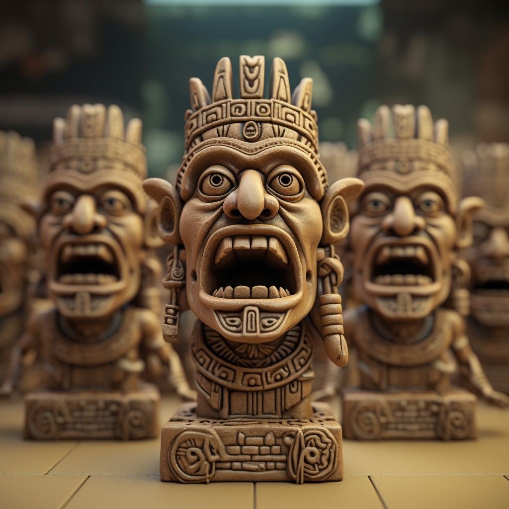 Prompt: art sculpture aztecs miniature clay, polymer clay, artist, art print, art, statue, statue of, in the style of rendered in cinema4d, use of traditional japanese artistic techniques, unreal engine 5, strong facial expression, grid-based, sepia tone, pre-columbian art