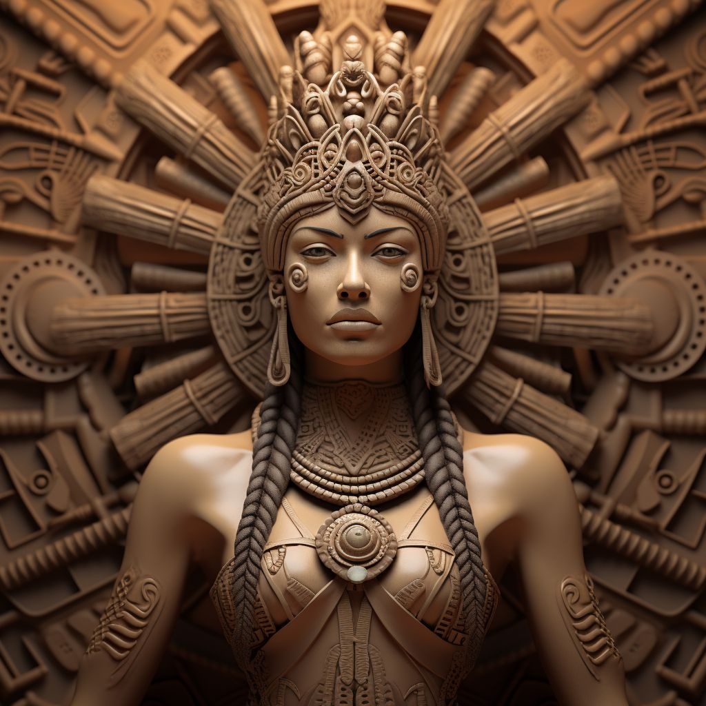 Prompt: person figure model, in the style of mesoamerican influences, rendered in cinema4d, hyper-realistic oil, chinese iconography, sepia tone, pseudo-realistic, realistic, detailed rendering