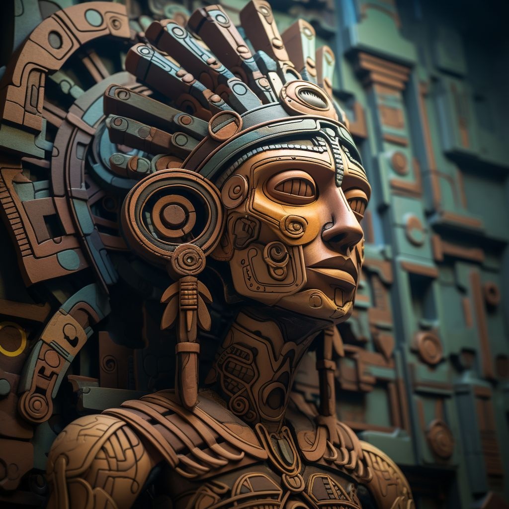Prompt: clay statue of person from the aztec civilization, in the style of detailed science fiction illustrations, 32k uhd, murals and wall drawings, quadratura, made of rubber, close-up, mechanized forms