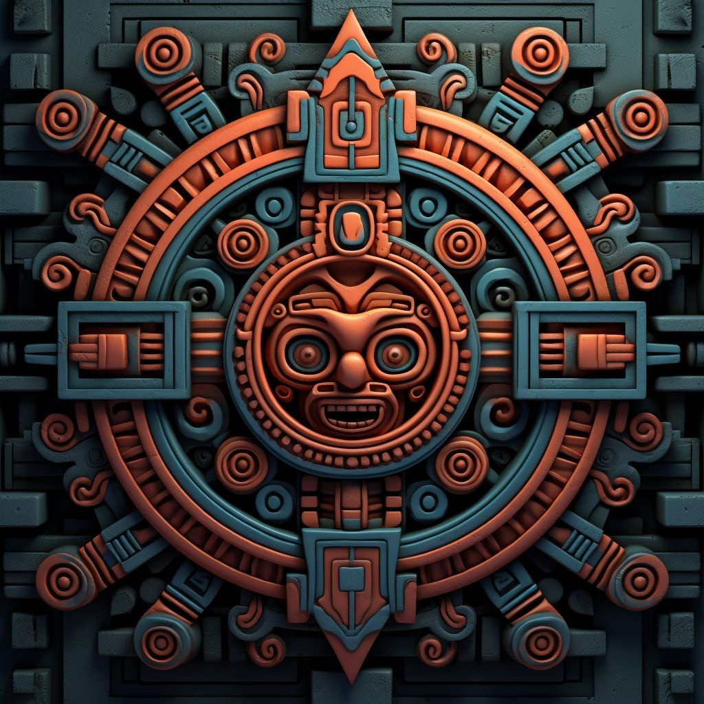 Prompt: art of the aztecs in or toltec symbolism, in the style of rendered in cinema4d, terracotta, detailed background elements, robotic motifs, hiroshi katsuragawa, ceramic street art, 8k resolution