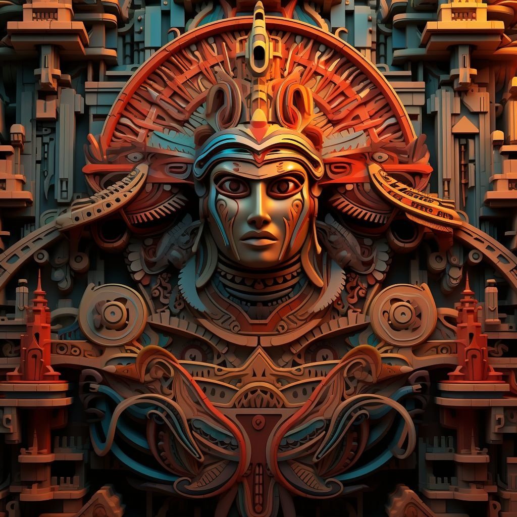 Prompt: 3d rendering of an ancient monument in acadian style, in the style of tristan eaton, guatemalan art, made of rubber, terracotta, dan mumford, close up, heroic
