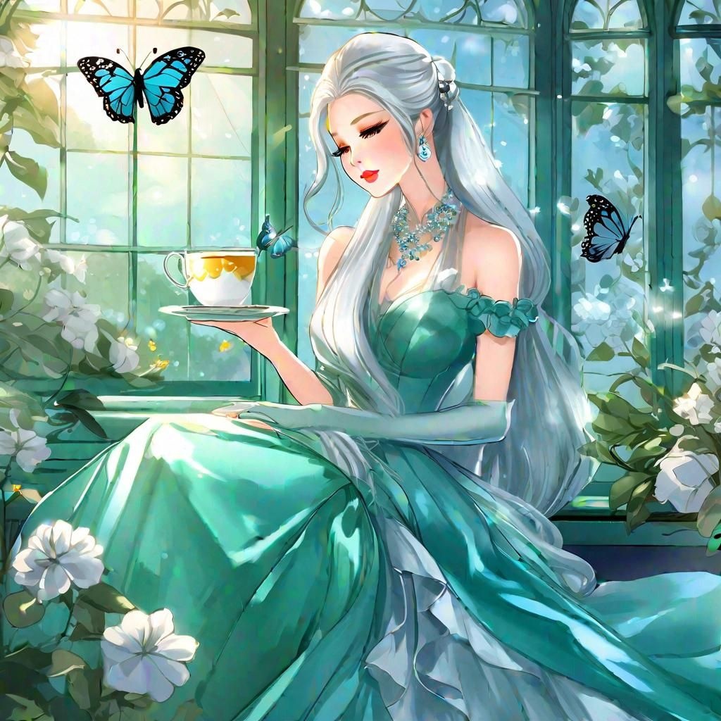 Prompt: A gorgeous lady sitting and sipping tea.