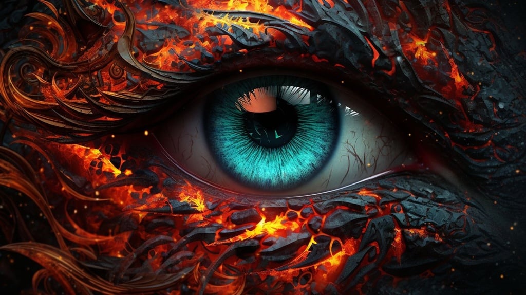 Prompt: a close up of an eye with flames in the background, fantasy art behance, psytrance, blue eye, by January Suchodolski, gaia, highly detailed epic, red wallpaper design, featured on dribbble, ((dark fantasy, mark brooks and brad kunkle, tryptamine, 3d animated, battle between good and evil