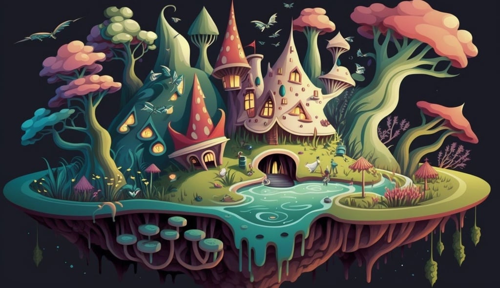 Prompt: vector fairyland emerge from the whirpool of vector fairytales