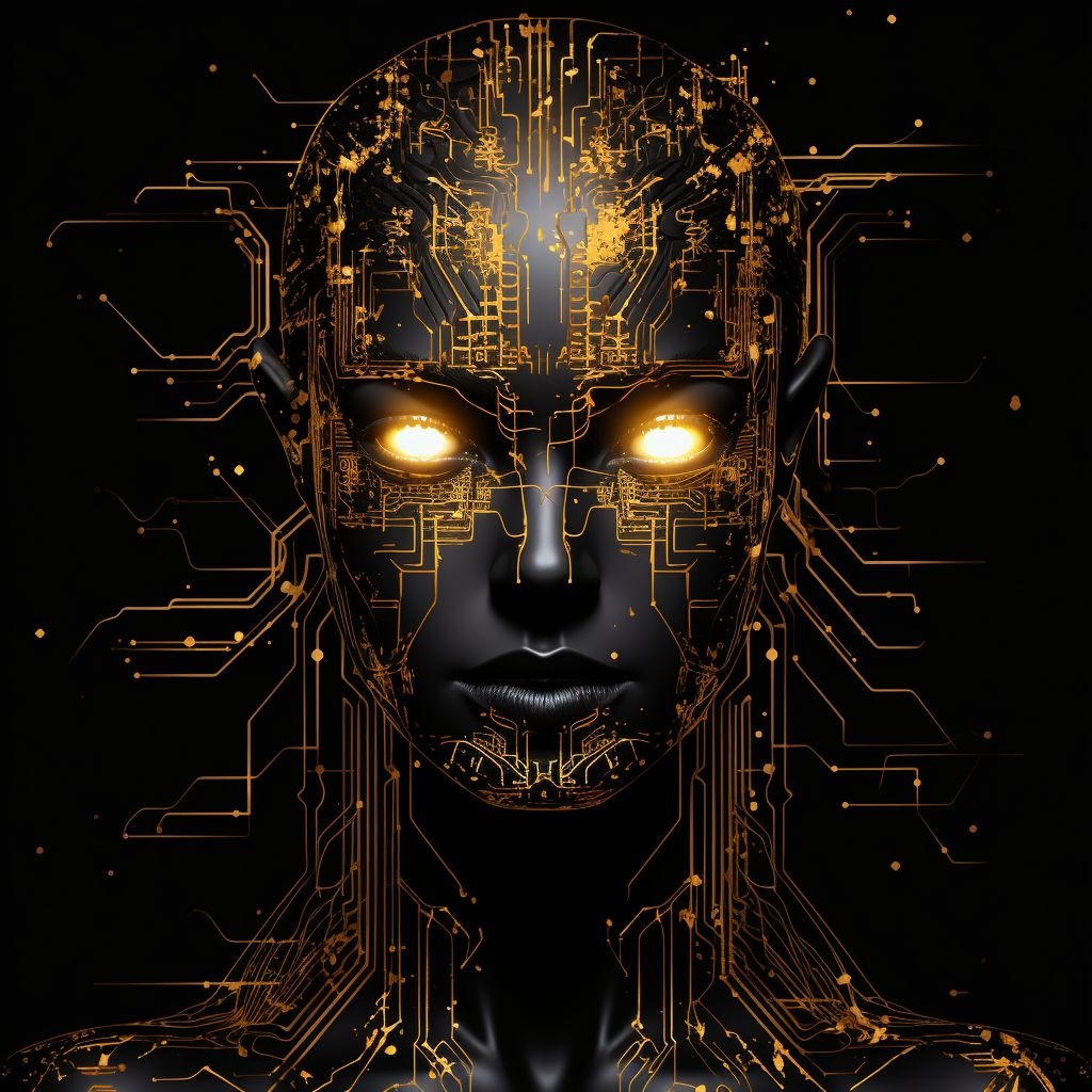 Prompt: black and gold electronic circuit girl