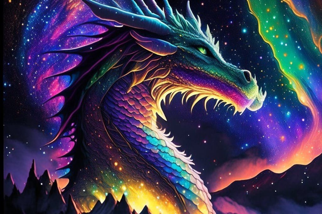 Prompt: dragon,glowing in chromatic hues, bathed in the celestial light of the northern lights and the mystical aura of dusk. They stand majestically amidst a panorama of stars and a vast, breathtaking galaxy, surrounded by the enchanting beauty of the myth. Captured with a macro lens, the intricate details of these creatures are brought to life, revealing their divine and sacred nature. The mood is awe-inspiring and magical, the atmosphere is filled with the cosmic wonders of the univers