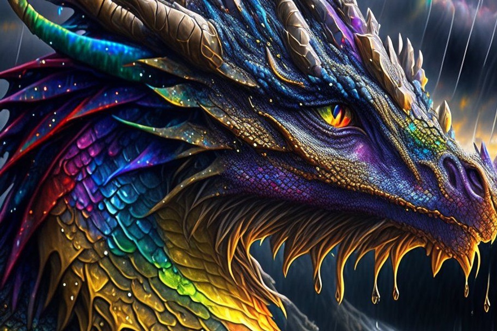 Prompt: Create an ultra-quality, 8K masterpiece in the style of Antonio Manzanedo, portraying a majestic quadrupedal hatchling dragon with intricate rainbow scales. The artwork features extreme detail, including incredibly detailed eyes reflecting a beautiful landscape, small horns, and a unique one-eyed appearance. Dramatic lighting, volumetric effects, and rain pouring down from the clouds add depth and realism, while rainbow-colored light illuminates the dragon's wet and reflective scales.
