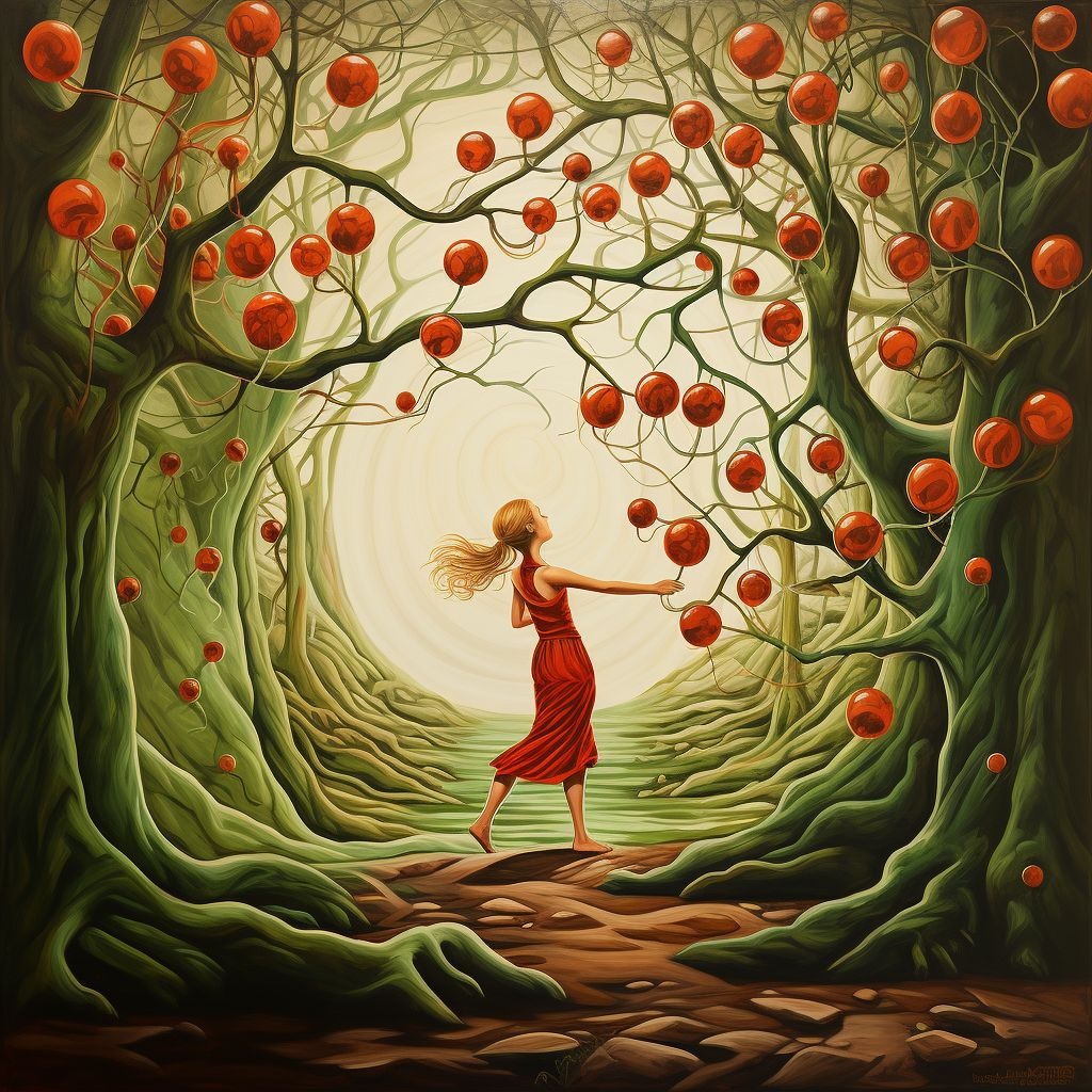 Prompt: a young girl throwing a ball across a tree, in the style of contemporary folk art, dark orange and light green, luminous landscape painting, red and green, bold, large-scale canvases, made of vines, whimsical characters