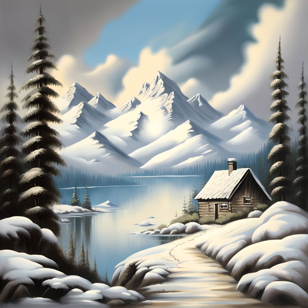 Prompt: (oil painting),(best quality:1.2),(style of Bob Ross:1.3), beautiful scenery nature, landscape, ,(majestic mountain range in the far background:1.2), few light winter clouds in sky, blue sky with mid-day sun, (lake in the middle of painting:1.4), (((white snow covered))) tall pine trees on either side of painting, {(((small))) rustic cabin with door and windows: 1.3}, (a path of dirt in the foreground running toward the rustic cabin:1.2), ,winter, (((white snow covered)) trees:1.3), (white snow on ground:1.1), 