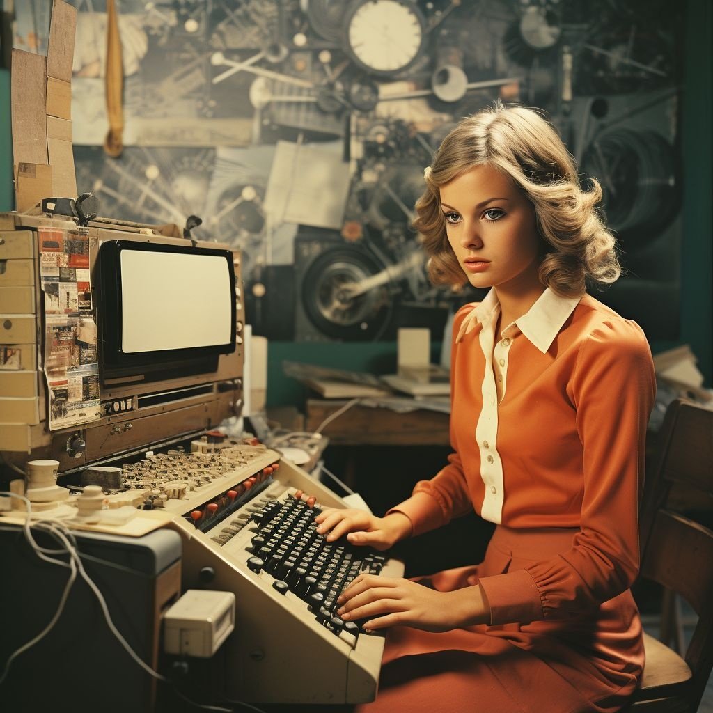 Prompt: a woman sitting at a desk typing on a computer, a computer rendering, by Wayne England, flickr, inside elementary school, 1978 cut out collage, xbox, alternate album cover