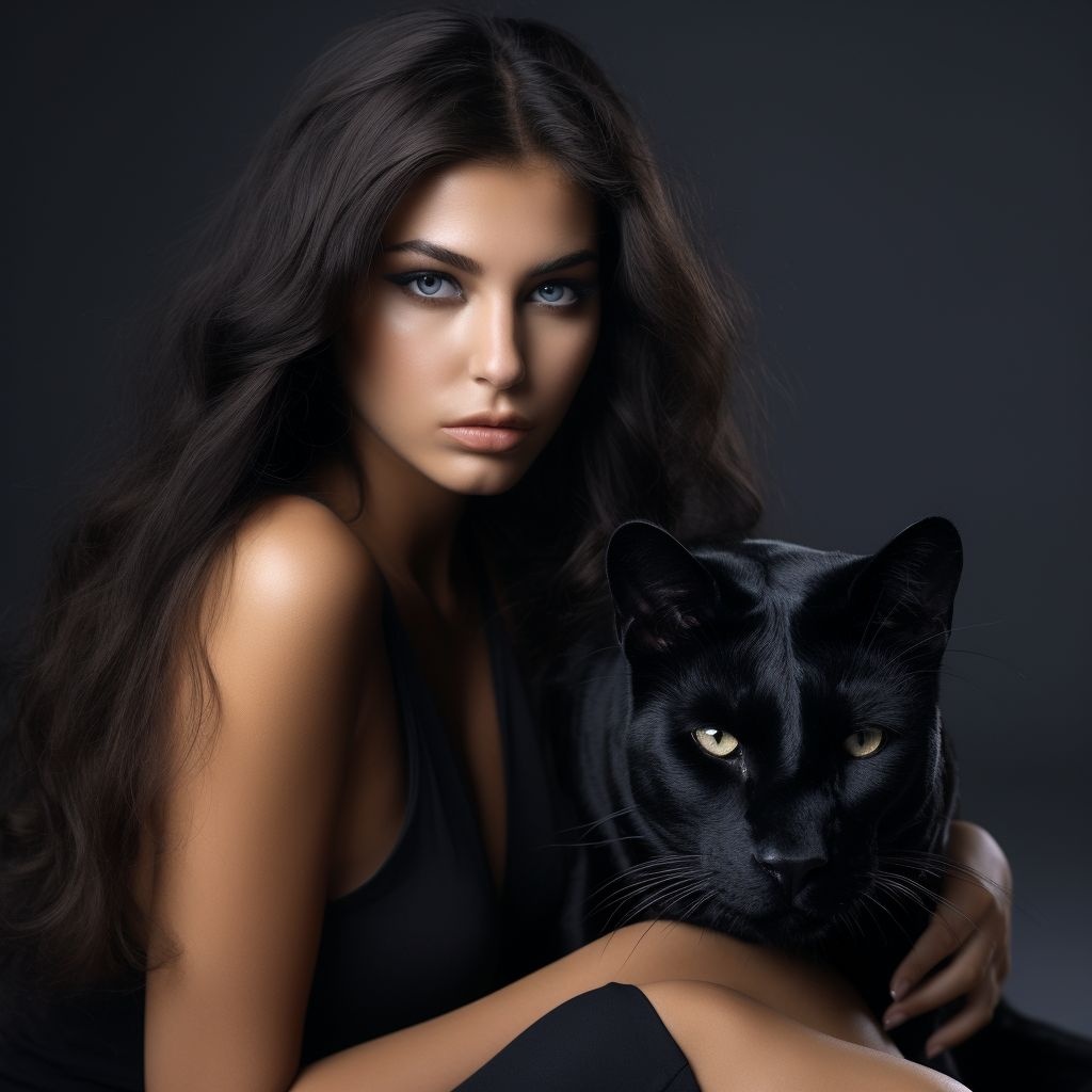 Prompt: luxury girl in black dress with black puma as her pet