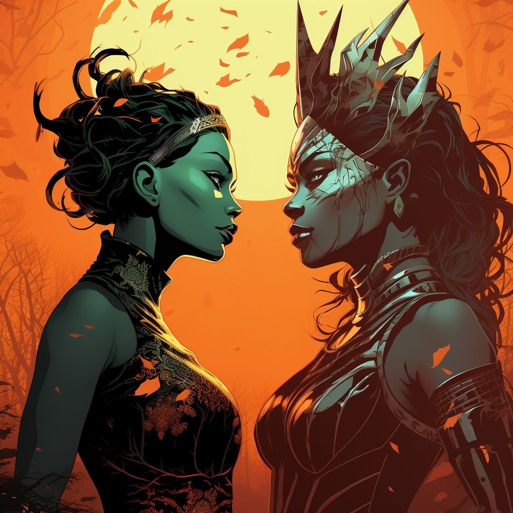 Prompt: halloween holly and queen of the bog poster, in the style of afrofuturism-inspired, indian pop culture, dc comics, coloristic, i can't believe how beautiful this is, romantic illustrations, cosmic jester
