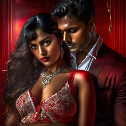 Prompt: Hyperrealistic hyperdetailed HDR photograph in dramatic lighting of couple, enacting bdsm scene in red room from movie 'fifty shades of Grey', wearing petticoat & blouse, indian, bindi & mangalsutra, sliding a riding crop through her deep exposed cleavage, detailed facial expression focused 