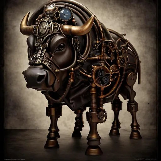 Prompt: a bull in a business suit, standing in the stock market, in the style of steampunk art, dark black and dark red, steampunk, flickr, charming characters, marine painter, hd --ar 10:13