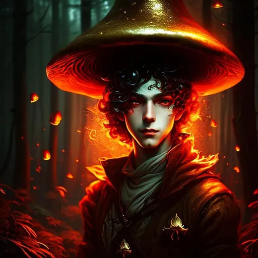 Prompt: Mysterious adventurer young man witch of mushroom spores, detailed character portrait, dark fantasy vibe, creative dnd character ideas, lots of mushroom glow, grim dark, artstation 4k, crazyness, golden ratio, dramatic light, anime style, red