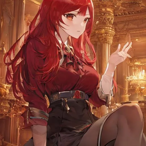 Prompt: masterpiece, illustration, best quality:1.2), 1girl, solo, red hair, dignified , finely detailed, detailed face, beautiful detailed eyes, beautiful detailed shading, beautifully detailed background, surtr, horn, arknights, short black skirt