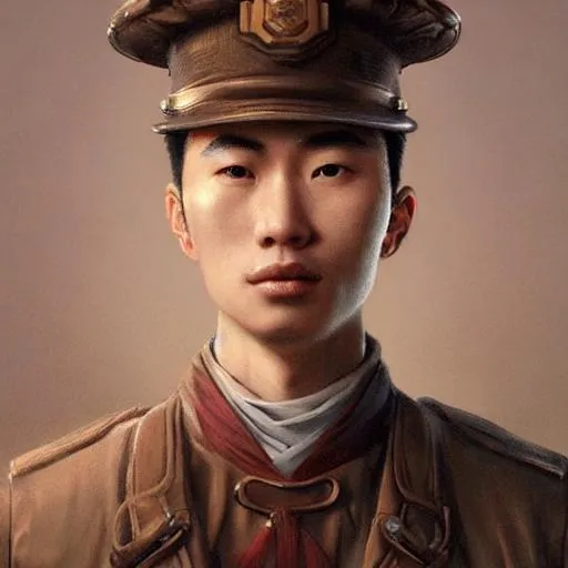 Prompt: portrait of a handsome chinese man, young man, big eyes, confident,  8k resolution concept art portrait by Greg Rutkowski, Artgerm, WLOP, Alphonse Mucha dynamic lighting hyperdetailed intricately detailed Splash art trending on Artstation triadic colors Unreal Engine 5 volumetric lighting, air force uniform, hat