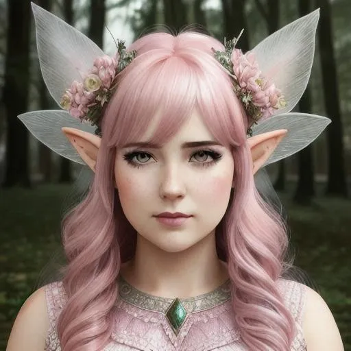 Prompt: portrait of a {fairy}, smooth soft skin, pink colored hair, beautiful intricate colored hair, detailed clear eyes, soft lighting, detailed face, concept art, digital painting, looking into the camera, wearing princess dress, bangs, plus sized, realistic face shape, and eyes, double chin, Fairy Wings, elven ears, pointy ears