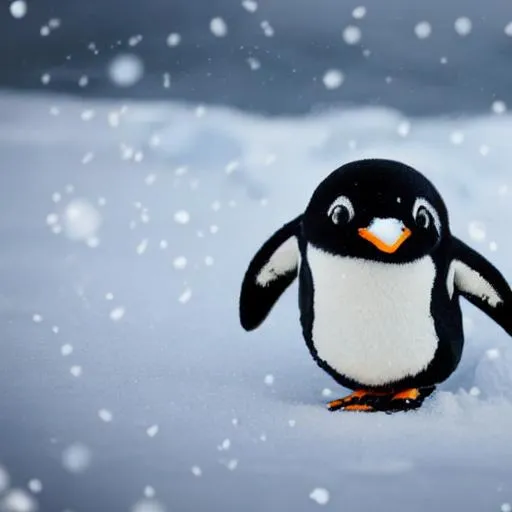 Prompt: draw a little baby penguin walking alone in the snow with the sea at background with anime style.
The penguin´s body is gray light with the head black, her eyes are white and the penguin feels sad
