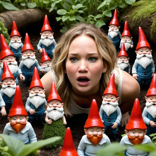 Prompt: Jennifer Lawrence hiding from army of garden gnomes, terrified, screaming, crying