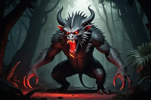 Prompt: Full body, Fantasy illustration of a horned monster, mix of monitor lizard and baboon with huge pointed horns, red glowing eyes, sharp teeth and fangs, dark and eerie lighting, spooky atmosphere,
 Omnious appearance, RPG-fantasy, intense, detailed, game-rpg style, otherwordly ambiance, tropical forest 