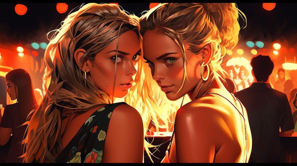 Two Blond Girls In Neon Light At Nightclub Of New Yo Openart 