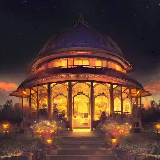 Prompt: Beautiful, Persian dome, night sky, ambiance, fireflies, flying lanterns,  sakura blossoms, petals, massive mountains in the background, 16k.