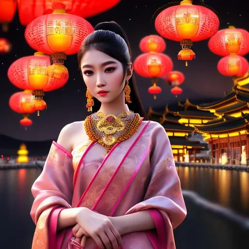 Prompt: HD 4k 3D professional modeling photo hyper realistic beautiful enchanting japanese woman dark hair pale skin dark eyes gorgeous face traditional pink dress and jewelry magical buddhist temple at night landscape lanterns hd background ethereal mystical mysterious beauty full body