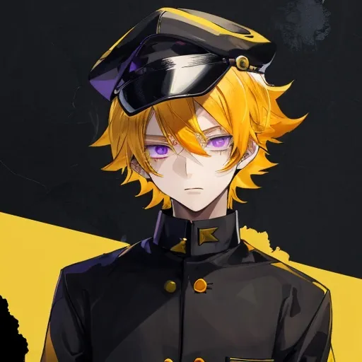 Prompt: Teenage man with messy golden yellow-orange hair and purple eyes wearing a black cap and a black gakuran uniform.