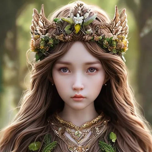 Prompt: Goddess of nature hyper realistic face features brown hair hyper realistic detailed clothing with small head dress


