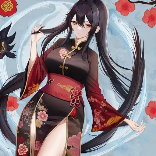 Prompt: waifu character with black hair with a Chinese dragon in the background in chinese art style in water paints