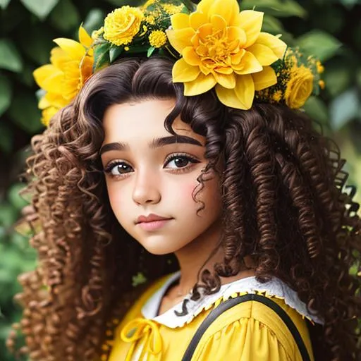 Prompt: A girl with  long curly hair wearing yellow,  surrounded by yellow flowers, facial closeup