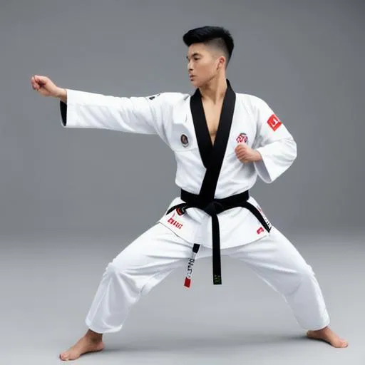 Prompt: Martial-arts, handsome japanese young male, karate, white training suit, black belt, 3d look