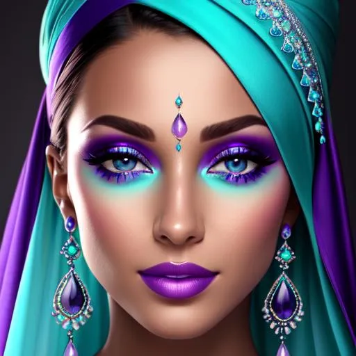 Prompt: Beautiful ethereal beauty,  color scheme of  aqua and purple, facial closeup