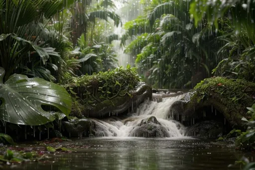 Prompt:  A jungle, in heavy rain, monochrome, many drops of water falling from the leaves of plants, many drops splashing the water of the stream, vines everywhere, giant wet trees, masterpiece, best quality, high quality, wallpaper Extremely Detail CG Unity 8k, Oil Painting, Award Winning Photography, Bokeh, Depth of Field, HDR, Bloom, Chromatic Aberration, Photorealistic, Extremely Detailed, Trending on Artstation, Trending on CGsociety, Intricate, High Detail, Dramatic Volumetric Lighting