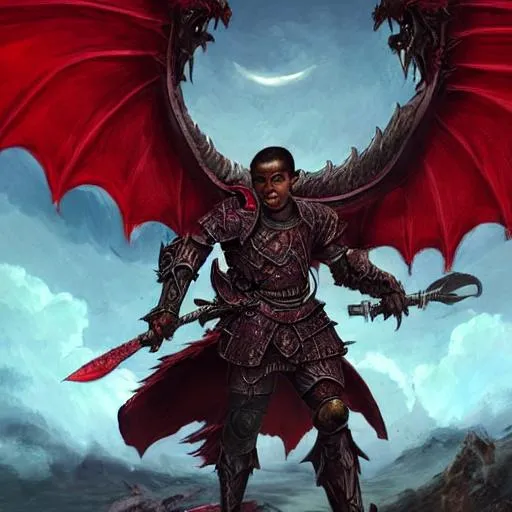 Prompt: masterpiece, a dark-skinned boy, wearing red armor, holding a bloody sword,  dragon  wings, a dragon flying in the sky, bloody moon,