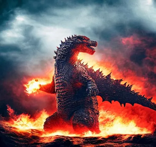 Prompt: Godzilla, standing on a bridge, spitting out fire, dark background, chaotic, realistic, immersive, HD
