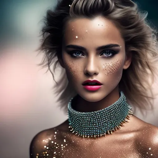 Prompt: a stunning professional fashion photo of  a cute young amazing body female slave sprinkled diamonds in spiked collar, by Annie Leibovitz, ultra realistic, highly detailed, cg wallpaper, trendy shot, ultra resolution