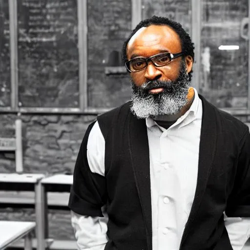 Prompt: Black, professor, Princeton University, beard, salt and pepper, cell in background, desaturated, color
