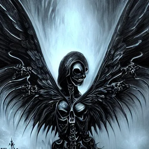 Prompt: Dark art, Malinois angel of death, half skeleton face, artstation, hyperdetailed intricately detailed, unreal engine, otherworldly, intricate detail, splash screen, dark colors, 8k, DeviantArt masterpiece, oil painting, heavy strokes, wings, doom eternal, tormented souls, standing, looking at the horizon, suffering, Animaloid